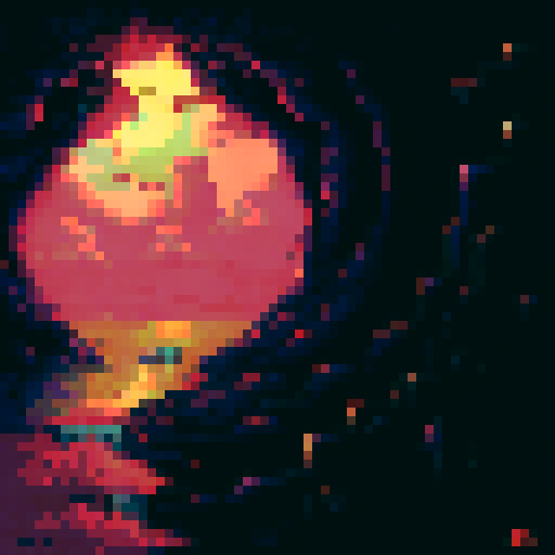 create a pixel picture with dark background, with exploding effect.
