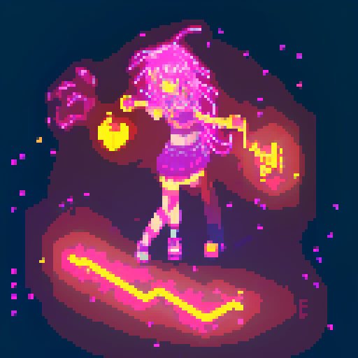Mage anime girl, flowing hair, fluorescent tattoos, glowing staff, purple neon-lit night market, pixel art