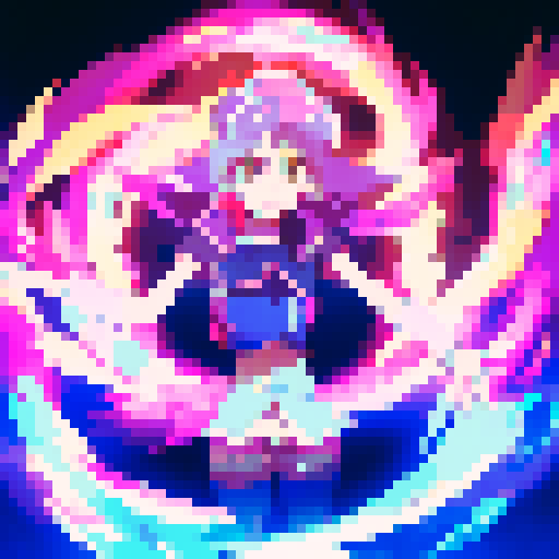 Magician girl with ample bust, casting spell with swirling blue flames, surrounded by floating cards, in vibrant anime style.