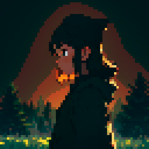 Dark night time in the forest background, dark background, profile picture, teen girl, rounded face, no eyebrow, black eyes, short black hair, brown coat, brown hat, small chest