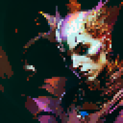 jester, vibrant colors, elaborate costume, mischievous expression, medieval backdrop