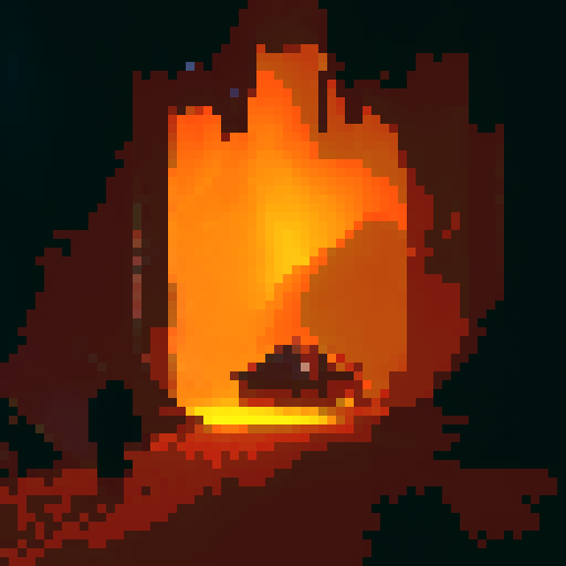 Living ember of flame, glowing orange and yellow against a dark, cavernous backdrop, surrounded by ominous shadows and sharp, jagged rocks, evoking an atmosphere of danger and excitement in a fantasy RPG world