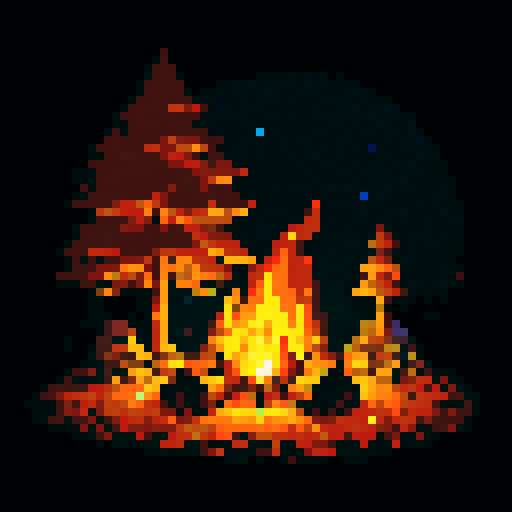 campfire with glowing embers, vibrant orange flames, crackling logs, billowing smoke, and stars in the dark night sky (transparent background)
