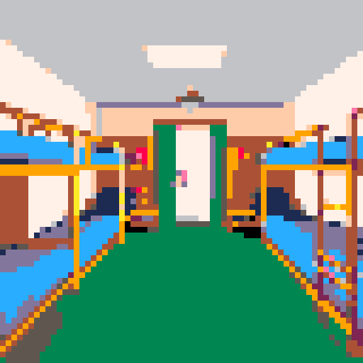 a dorm room with lots of bunk beds, in an underground emergency bunker.