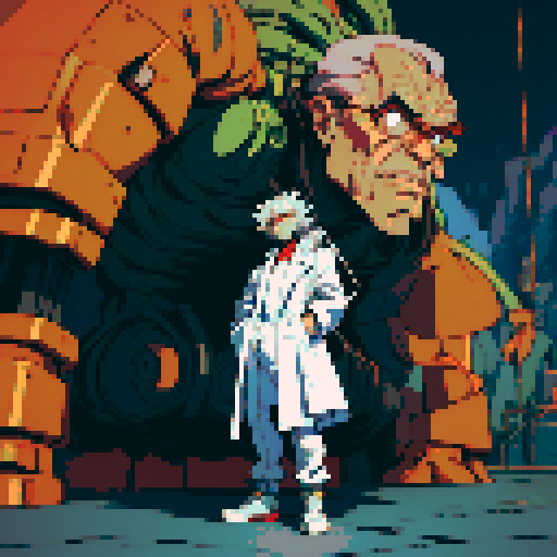 full-body image of a mad scientist with wild hair, lab coat, and goggles, who is facing to the left, giant robot towering in the background, detailed pixel art
