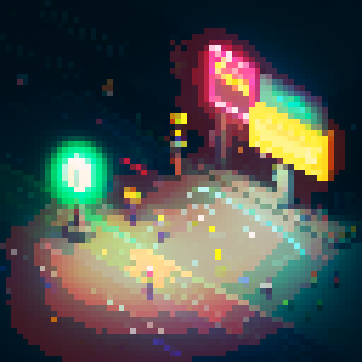 Chibi police officer catching a Pikachu in a pixelated urban street full of neon lights and graffiti