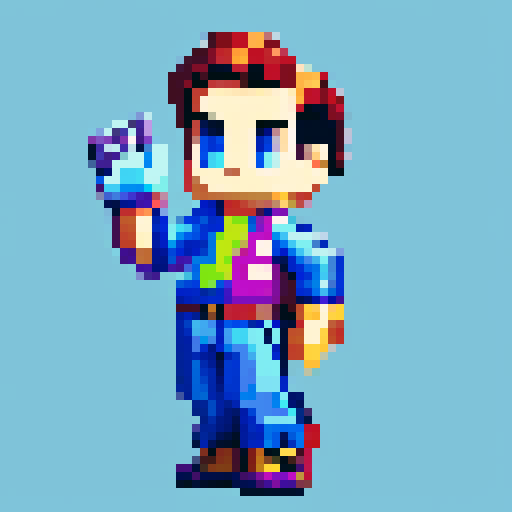 Character waving, vibrant colors, retro video game style, blocky pixel art, 8-bit graphics, animated movement, smooth transitions, nostalgic vibes, low-resolution, limited color palette, crisp edges, high contrast, iconic poses, dynamic composition