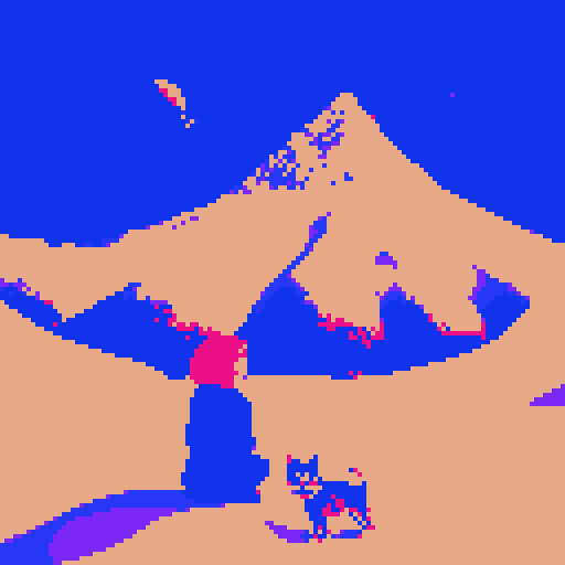 Woman with auburn hair and a black cat with yellow eyes in between towering, snow mountains in space