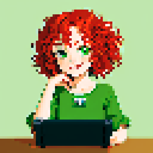 cute, curly redhead with green eyes, grey cat sitting next to her, smiling, sitting at a gaming desk, pixel art, sRGB