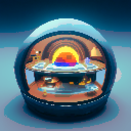 Inside of a sphere spaceship shaped like a gachapon with a clear top half looking out to space. dark metal alien theme