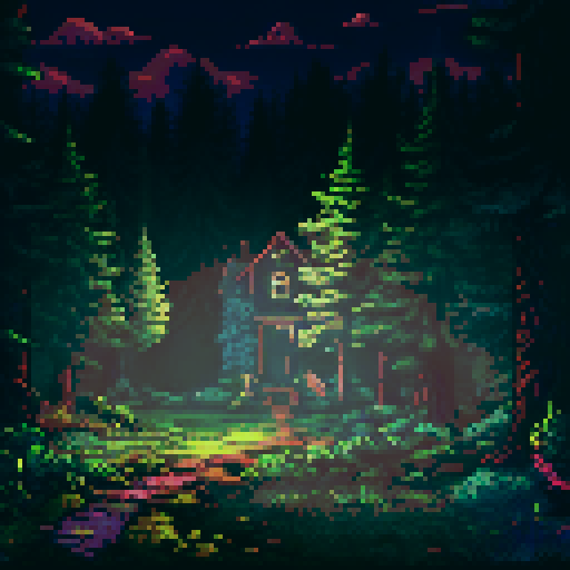 abandoned house in the middle of the woods, enormously tall trees casting long shadows, shadow people hiding, sRGB, pixel art, background