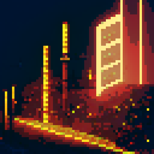 Glowing neon signs, towering smokestacks, dilapidated factories, rusty metal structures, grungy alleyways, flickering streetlights, pixelated cityscape