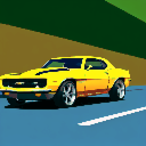 Photorealistic, centered Chevrolet Camaro in a three quarter view, right wheel in front, clean background, pixel art style with sRGB colors
