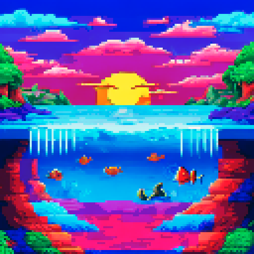 vertical underwater scene, bright fish fleeing, trawl chasing, fish hooks, sea mines, nests, fishing boat launching hooks, bright, sunny, atmospheric, pixel art, sRGB