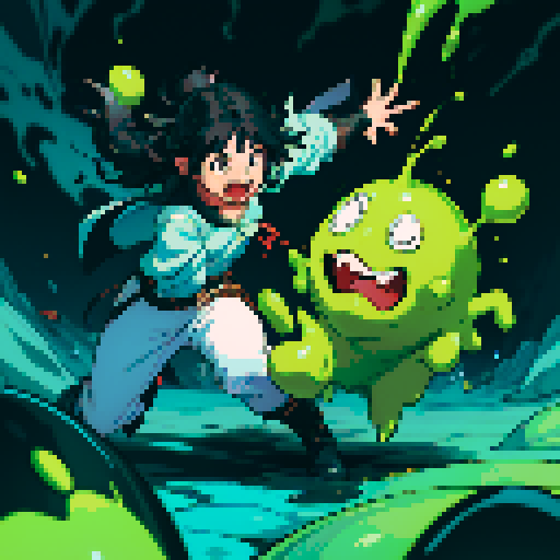slime surging up around someone, slime engulfing a hero, slime consuming a hero, hero getting engulfed by slime, slime attack, dynamic, slime slamming into someone, impact, splashing slime, full-body image, full-body art, black hair, white outfit