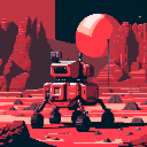 Single building, towering red structure with sharp angles, surrounded by a barren landscape, adorned with retro-futuristic details, showcasing pixelated Mars rovers exploring the rocky terrain in vibrant shades of ARNE 32