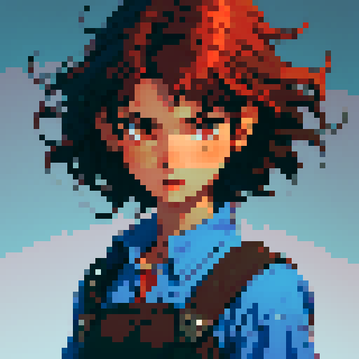 dark-red hair, girl, brown eyes, short messy hair, 19 years old, blue-print shirt, tan skin, tomboy, messy hair, American girl, no background