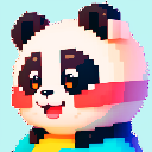 headshot of happy panda with round, adorable eyes, rosy cheeks, and a big smile, in a pixelated art style with vibrant, sRGB colors