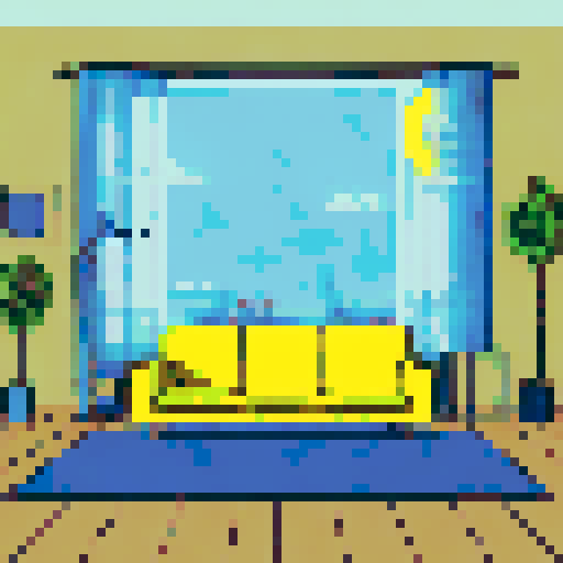 1980s suburban living room, dark, nightime, lights off, carpet, yellow moon lighting, blue and yellow color focus, 64x64, NES era, sRGB, pixel art, landscape background
