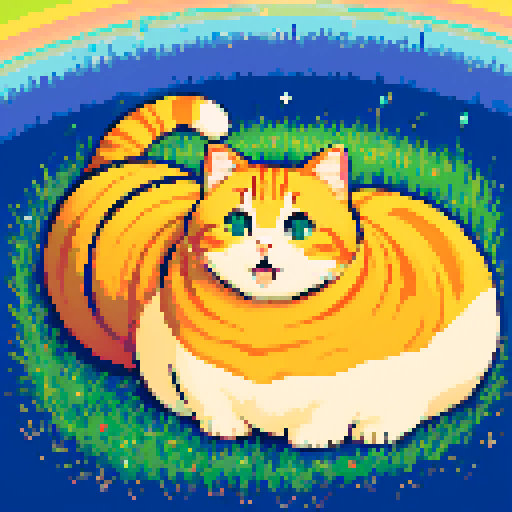 cute, chubby cat sitting on a vibrant, pixelated grass field with a clear blue sky and a rainbow curved above