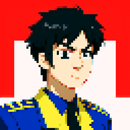 police chief, black hair, close-up, confident stance, anime style, pixel art, suit, front view, 50-years-old, front view, bust, serious expression
