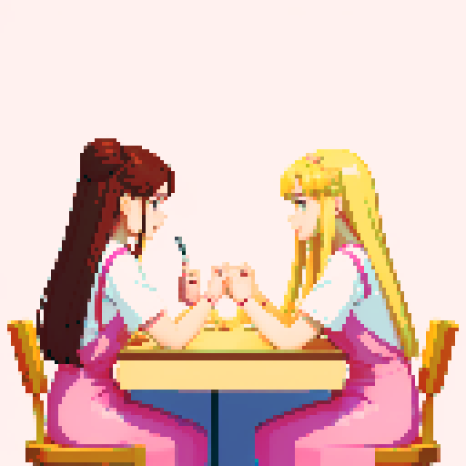 A nail tech with long blonde hair wearing a pink apron and a girl with brown hair facing each other at a table in a nail salon.