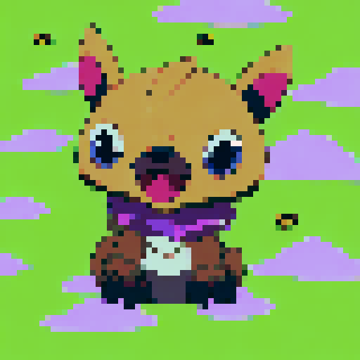 Brown pug with big eyes, tongue out, surrounded by flies, standing on a green grass patch, eating a pile of poop