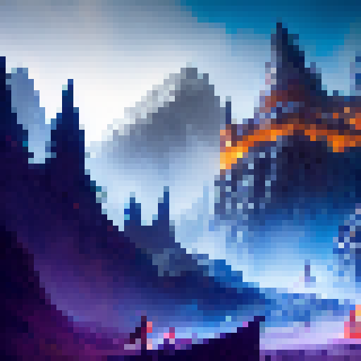 Sword-wielding hero charging towards a dragon's lair, clad in shiny armor and surrounded by swirling mist and glowing runes, with a majestic castle perched atop a nearby mountain.