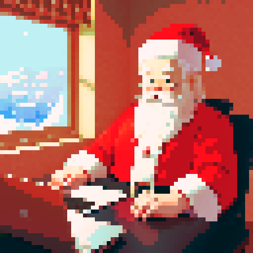 Boss at work, wearing santa hat, coffee, falling snow outside