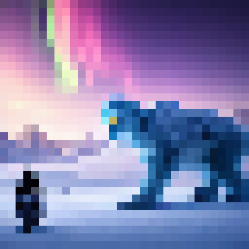 Nerdy woman, bundled in a puffy coat, braves the frozen tundra on a fantastical yeti steed, exploring a mysterious sci-fi world with otherworldly ice sculptures and a mystical aurora borealis painting the sky.