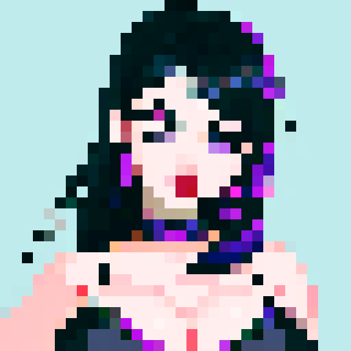 curvy, cute goth girl with black hair, wearing purple eyeshadow and red lipstick, in a pixel art glamour shot, with vibrant sRGB colors