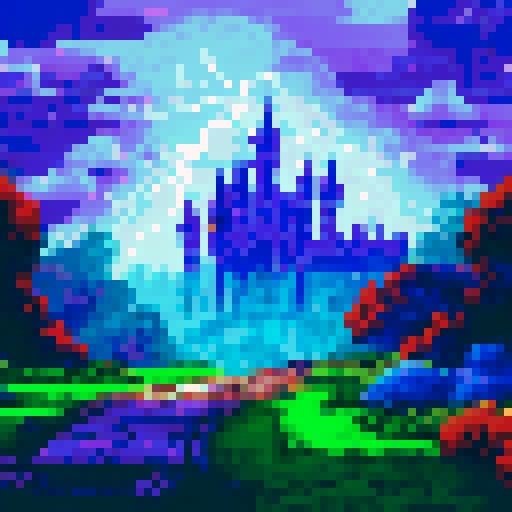 Haunted mansion, looming atop a hill, with a winding cobblestone pathway leading to its entrance, under a dark night sky filled with ominous thunderclouds and sporadic bursts of lightning, all depicted in vivid pixel art, showcasing the eerie sRGB color palette, creating a haunting background landscape