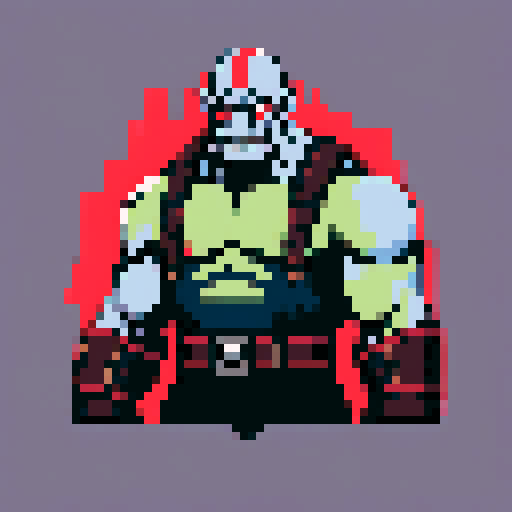 male orc, bald, red eyes, large muscles, angry, shoulders up, pixel art
