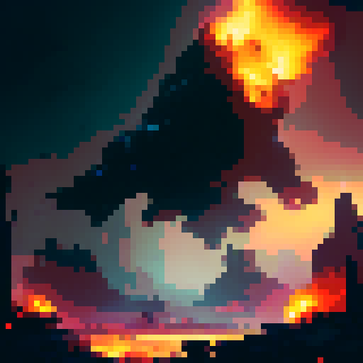 Dystopian, gritty, and abstract. A monstrous, fiery behemoth emerges from the rubble, towering over the shattered remains of a city as glowing embers rain down like a deadly storm.