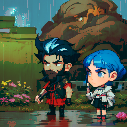blue haired 90s pop girl on the right is smoking a cigarette, and the man on the left with black hair is holding a gun, night time rainy oldtime villag, grim