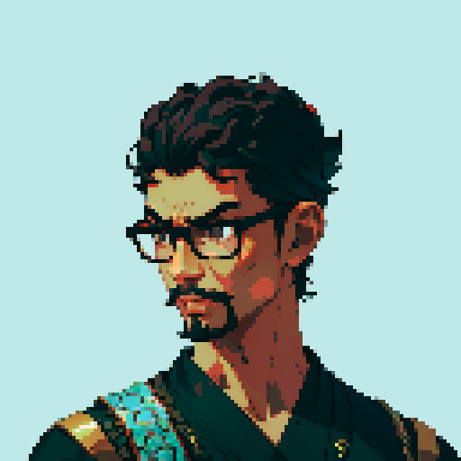 Southeast Asian man, short curly hair, round glasses, tanned, goatee, diamond shaped face, black eyes, age 25, wearing a robe