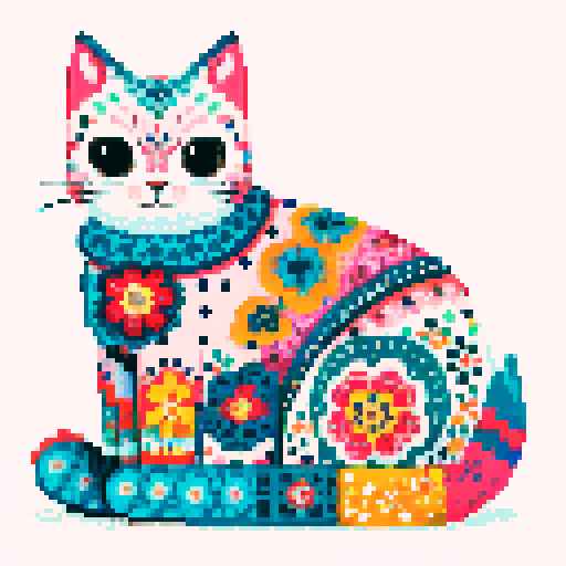 sitting, very colorful cat, with dots, flowers, patterns,  white background