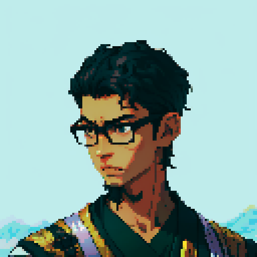 Southeast Asian man, short curly hair, round glasses, tanned, diamond shaped face, black eyes, age 25, wearing a robe