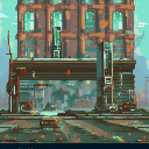run-down, apocalyptic atmosphere, pixel art, inside of a Futuristic robot factory, sRGB, pixel art, background, landscape, dilapidated machinery, sparks flying, smog-filled air, towering metal structures, cracked concrete floors, flickering neon lights, rusted conveyor belts, broken windows, shattered glass, discarded robot parts, overgrown vines, eerie shadows, abandoned control panels