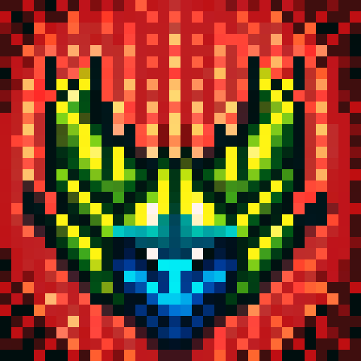 A fierce, fire-breathing monster with bright red scales, sharp claws, and glowing yellow eyes, captured in a game icon-style 32x32 pixel art using the sRGB color space, showcasing its powerful skills in a close-up, skill art portrait