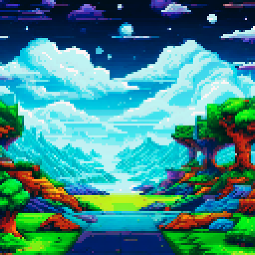 celestial skywalk, sun, moon, stars, planets, blues, light blues, purples, night time, cloud platforms, swirling lights, sRGB, pixel art, background, landscape