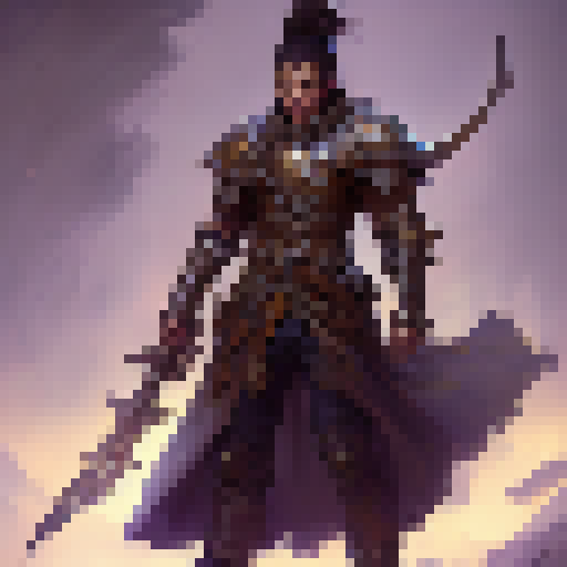 "Create a portrait of a legendary warrior with full body armor and a fierce expression, wielding a glowing sword against a backdrop of mystical ruins and swirling magical energy in the style of a Fantasy RPG."