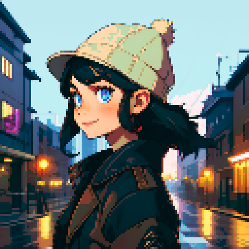 Night city street light background, profile picture, young girl, little smile, rounded face, blue eyes, short black hair, brown jacket, beige hat, facing directly