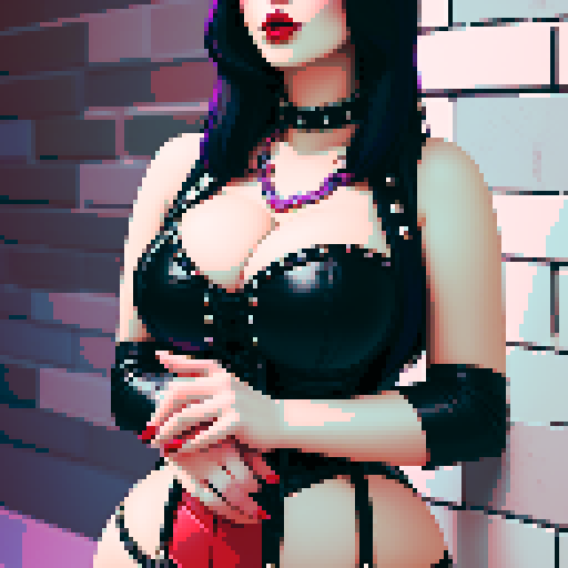 curvy, busty goth woman, black hair, purple eyeshadow, red lipstick, studded leather collar, wearing corset, beauty photo, vibrant sRGB colors, pixel art brick wall