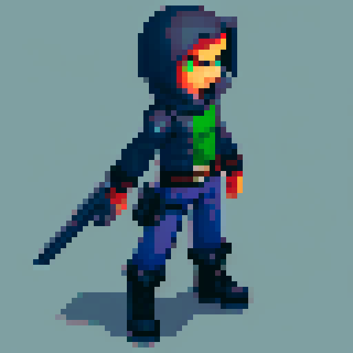 Game character rogue-like game with top view, regular guy with weapon and hand pet, cyberpunk, gray background, 16-bit, controls time, gray background
