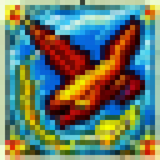 A fiery, winged dragon clashes with a stormy, lightning-filled sky over a mountainous landscape in pixel art reminiscent of classic video games.