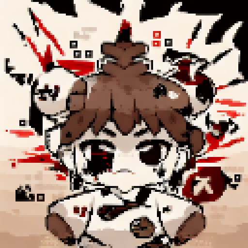 Pixelated caricature of a fierce, samurai warrior with a menacing expression, featuring bold black lines and sharp angles, all rendered in a monochromatic palette.