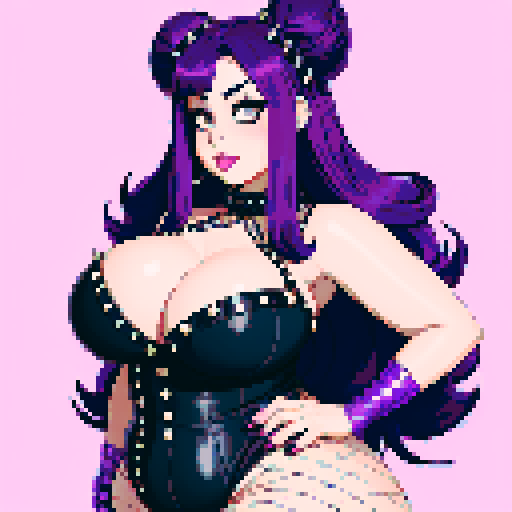 Portrait of Thicc, curvy, busty goth babe with studded collar, long purple hair in buns, fishnet stockings, studded halter top, posing sexy. pixel art, sRGB.