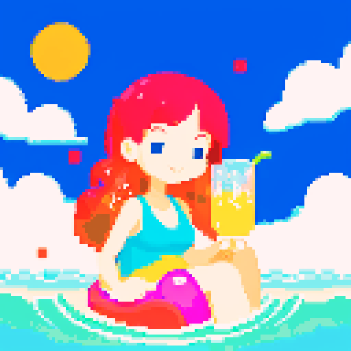 girl on float, holding a brightly colored drink, surrounded by soft sand, with vibrant pixelated waves crashing in the background