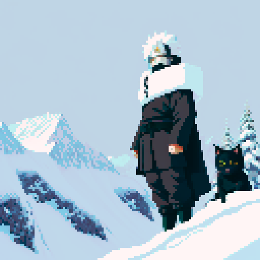 Hatake Kakashi with a black cat with yellow eyes on his shoulders in between towering, snowy mountains
